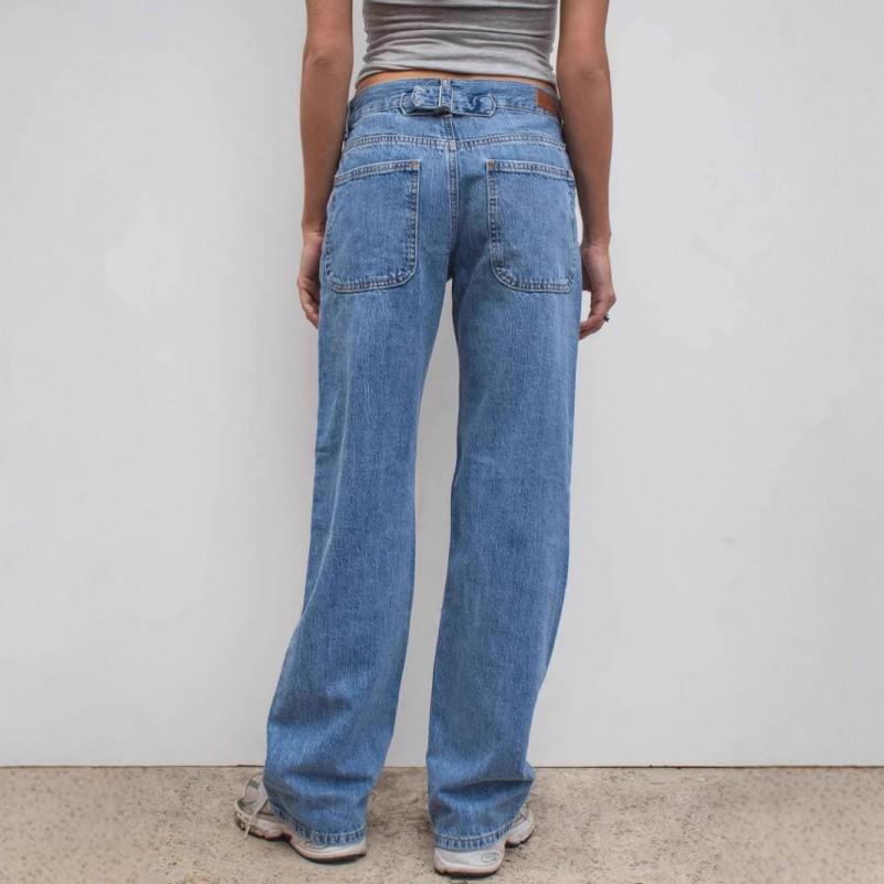 Womens High Waist Straight Leg Denim Pants Casual Washed Distressed Jeans