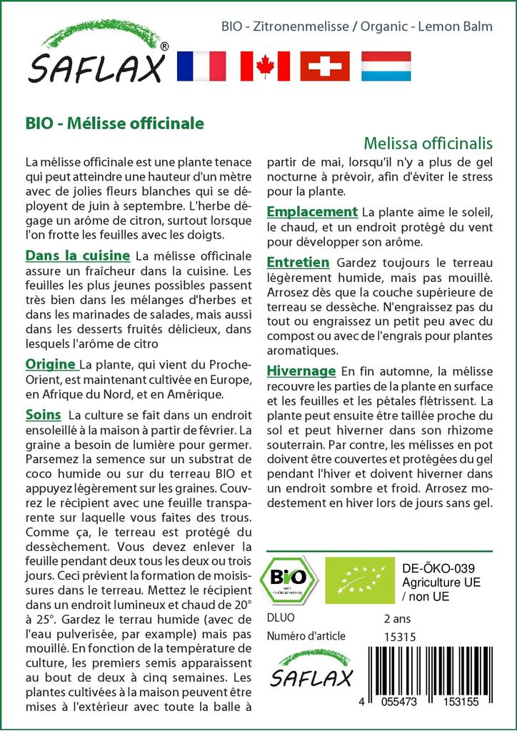 SAFLAX Garden in the Bag - Органический - Мелисса лекарственная - 1000 семян - С субстратом в подходящем стоячем пакете - Мелисса лекарственная