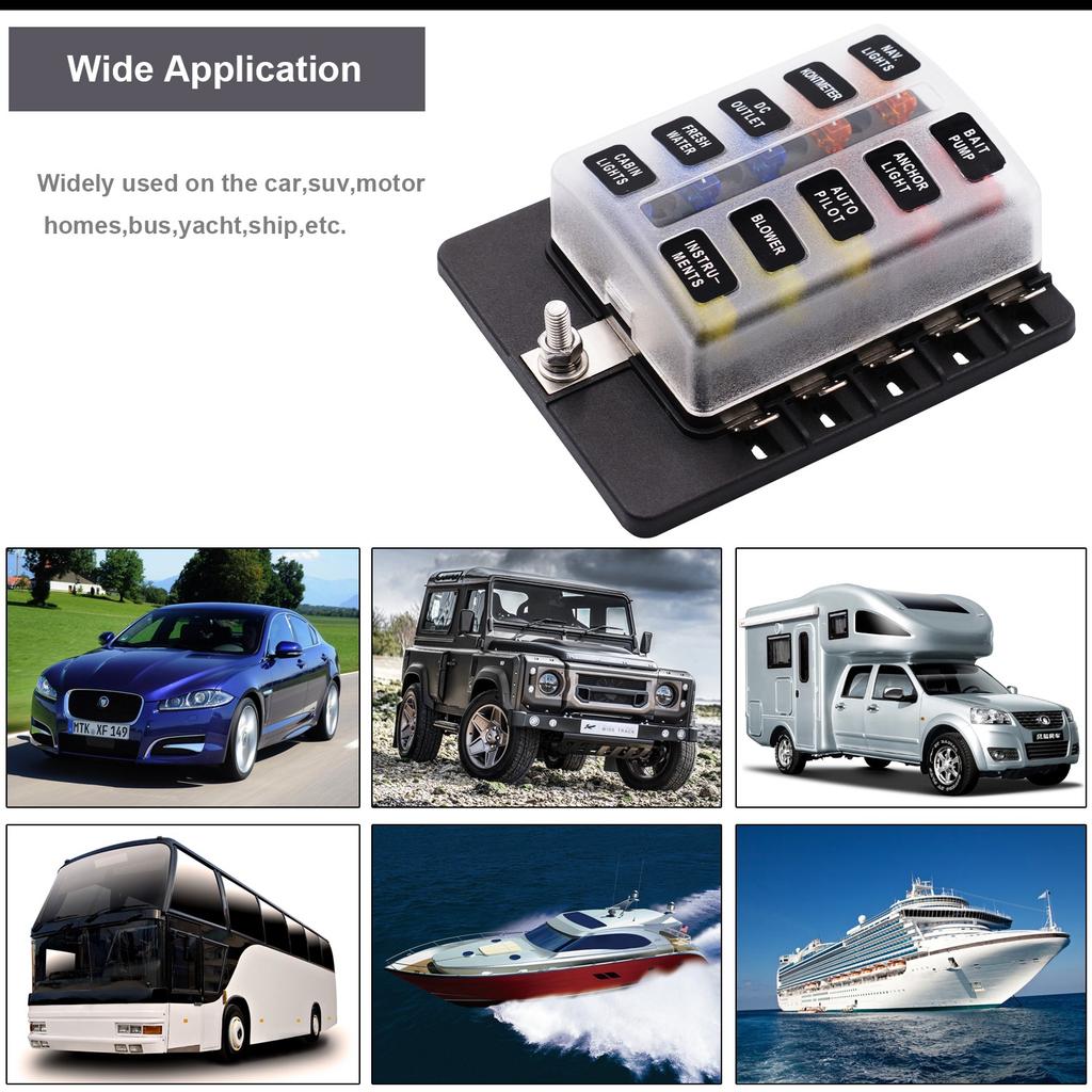 PC Terminal Block Type, 1 In 10 Out Fuse Boxes for Cars, RVs, and Ships, with LED Lights, 12-32V