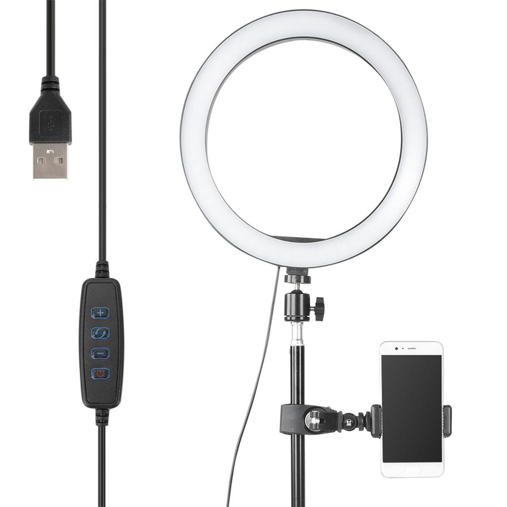 10 Inch Dimmable LED Circle Fill Light USB Camera Video Lamp with Tripod Phone Clip Set