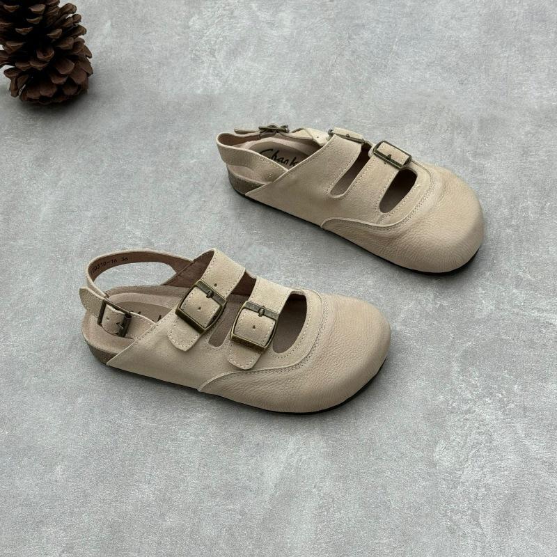 Johnature Genuine Leather Round Toe Sandals Retro Flat Solid Color Versatile Women's Shoes