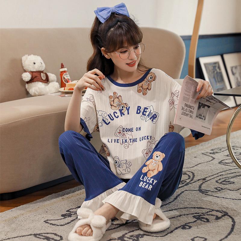 2025 Spring/Summer Women's Cotton Pullover Pajama Set - Short Sleeve Top with Long Pants