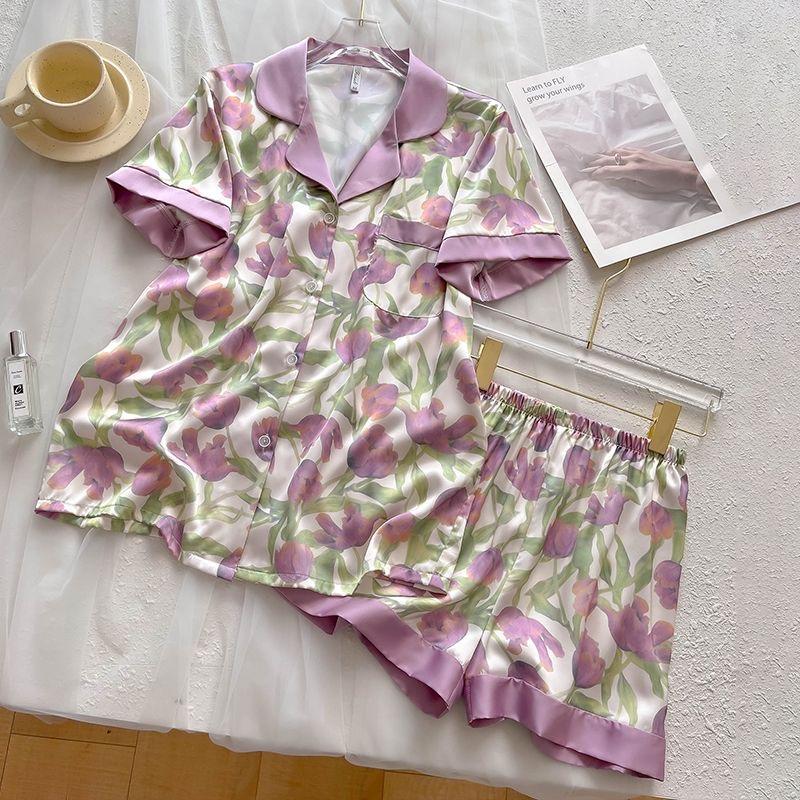 Женский летний комплект из шорт из искусственного шелка, повседневный женский топ с коротким рукавом и шорты, домашняя одежда, пижамный комплект с цветочным принтом и искусственными пятнами
