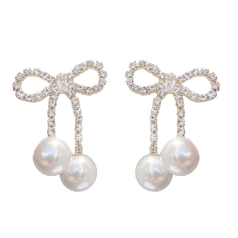 111 silver needle tassel bow zircon stud earrings for women exquisite, small and versatile earrings, fashion temperament, pearl earrings