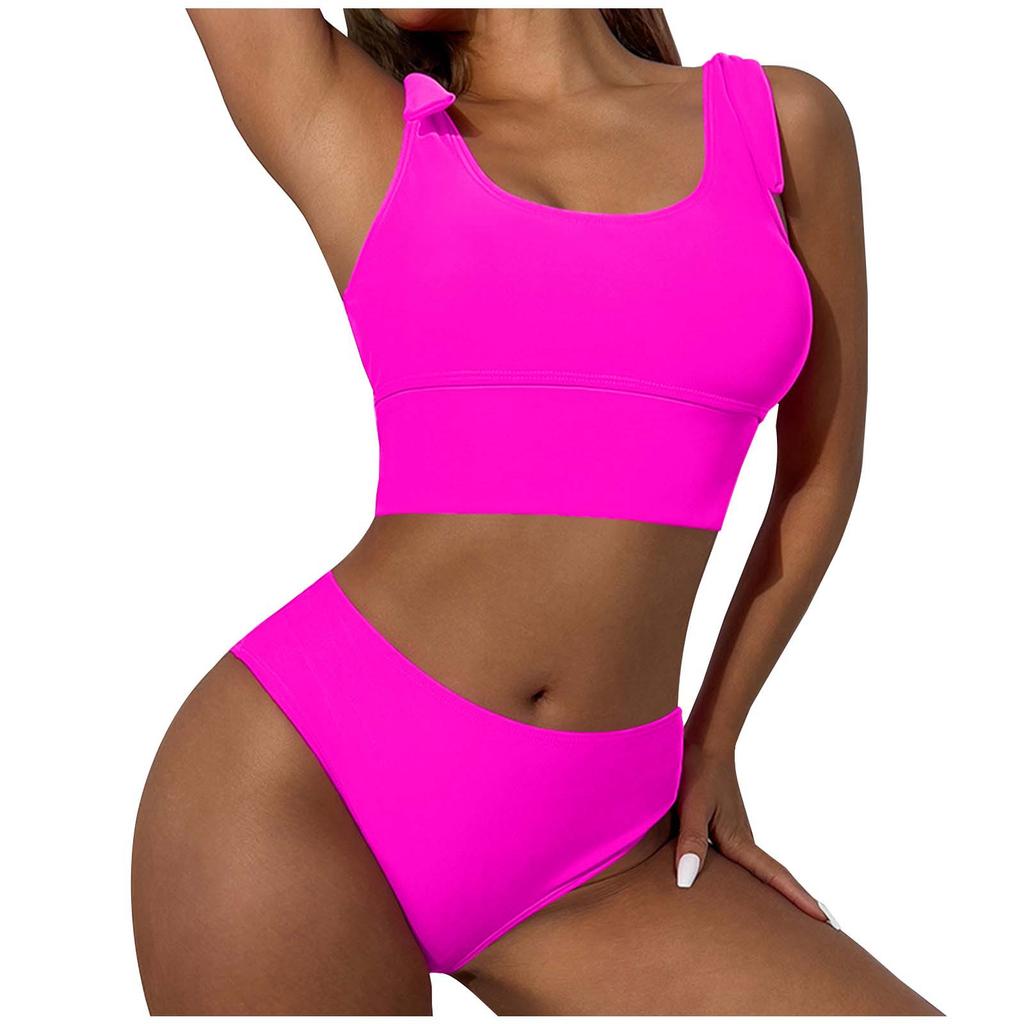 Женский купальник, однотонный модный бикини, сексуальный, с высокой талией, спортивный, из двух частей, комплект бикини, шорты, женский купальник, короткий