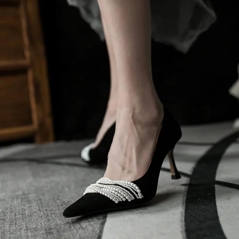 2024 Women' High Heel Shoes New Beaded Pointed Toe Sandals Women's Stiletto Shoes Ins Shallow Mouth Temperament Wedding Shoes