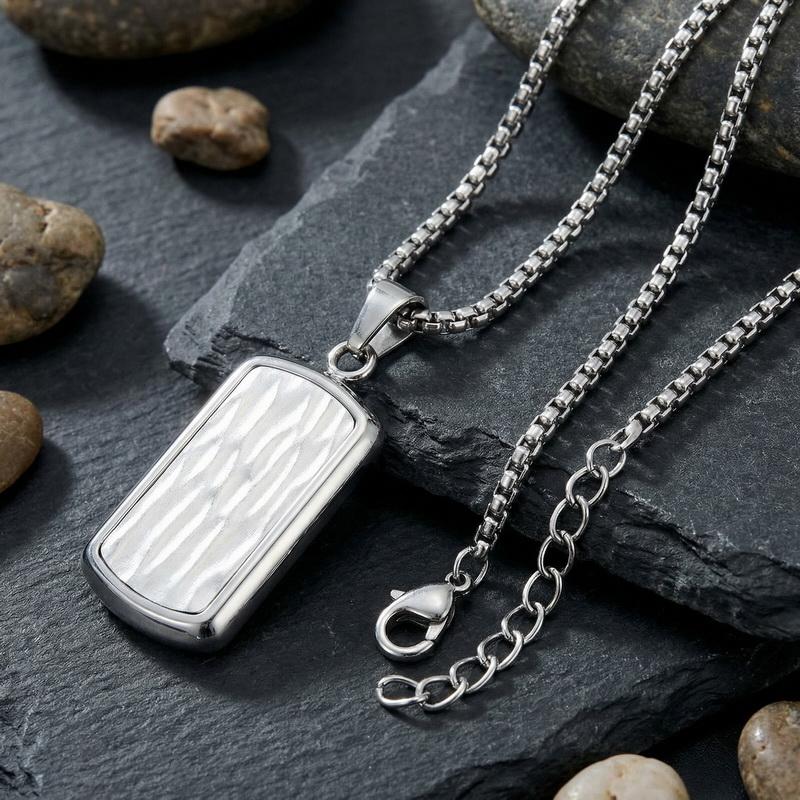 Hip Hop Square Textured Dog Tag Necklace Stainless Steel Box Chain Pendant 45cm Adjustable Length Trendy Jewelry Gift for Men