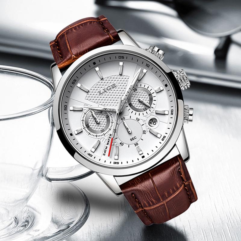 LIGE Fashion Luxury Man Watch Leather Quartz Watches for Men Business Male Clocks Casual Sport Waterproof Auto Date Chronograph