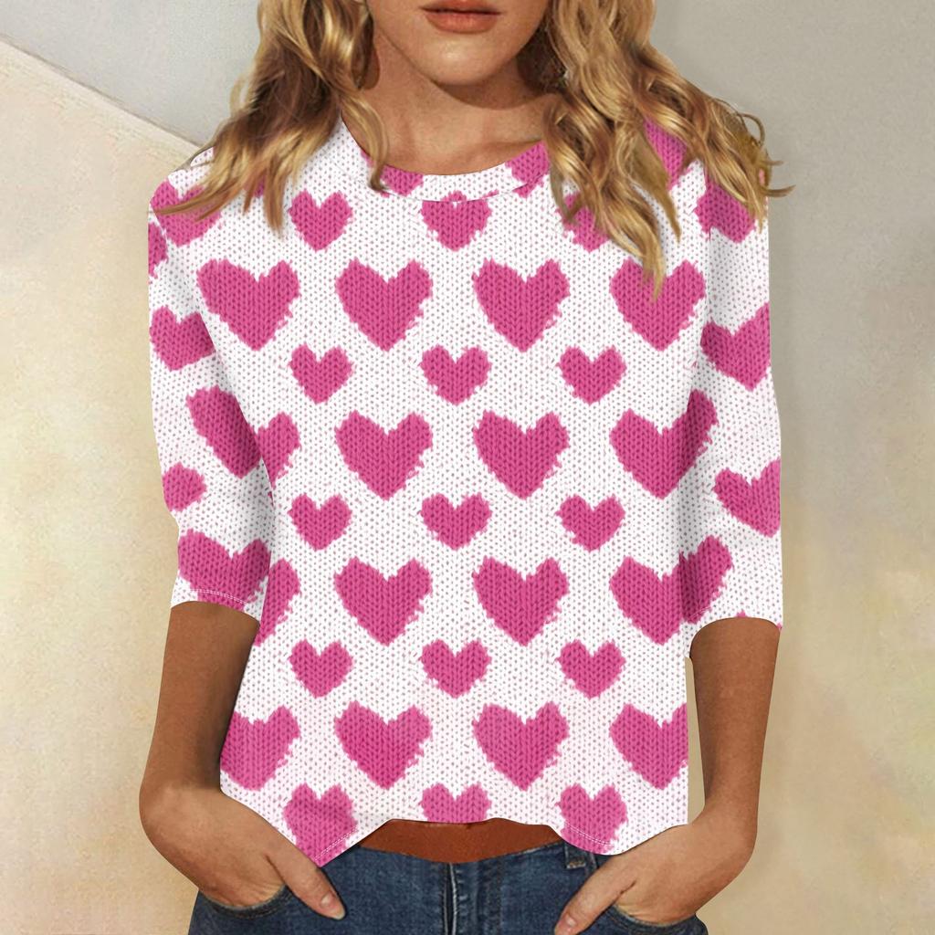 Женская повседневная свободная футболка с круглым вырезом и принтом ко Дню святого Валентина с рукавами три четверти