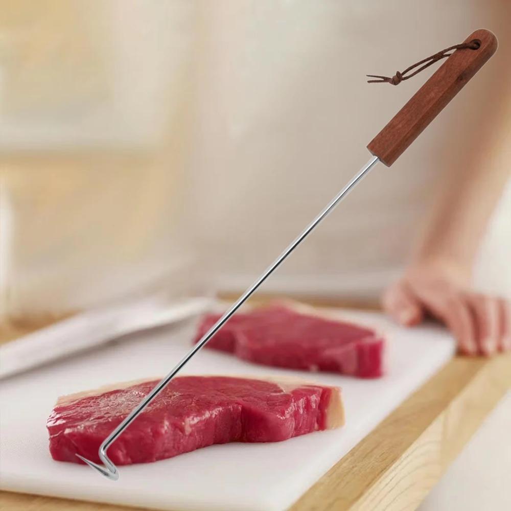 BBQ Meat Hook with Wooden Handle Food Flipper Hook Outdoor Meat Turner Hook  Easy To Clean