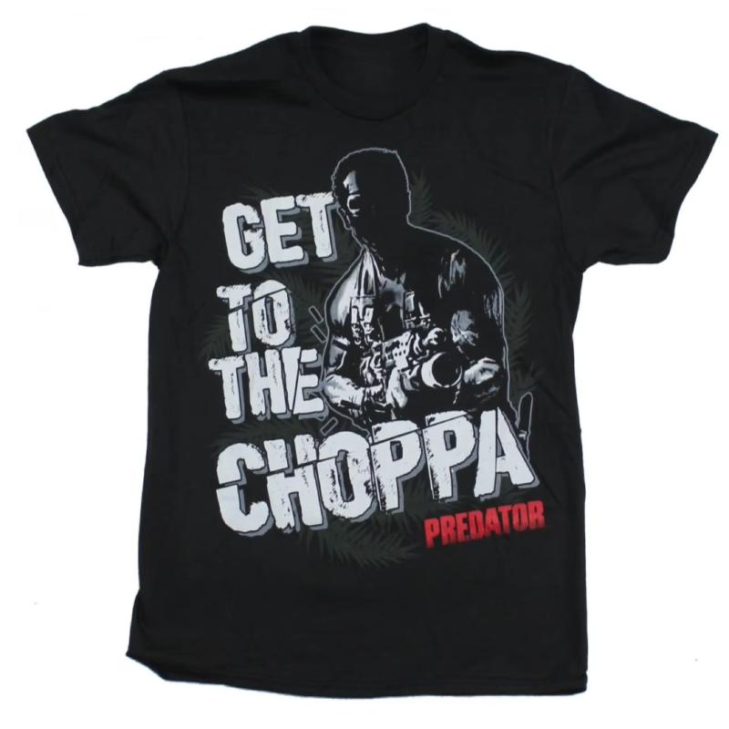 Retro Action Movie Round Neck Short Sleeved Tshirt Hunter Unisexs Pattern Tshirt Arnold Schwarzenegger Get To The Choppa