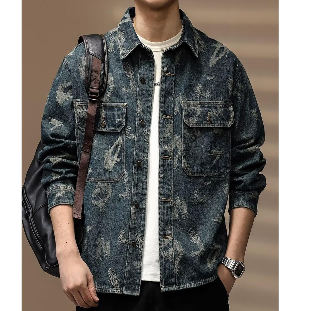 Premium Retro Printed Denim Shirt Men'S Tooling Jacket Loose Casual Trendy Shirt Jacket