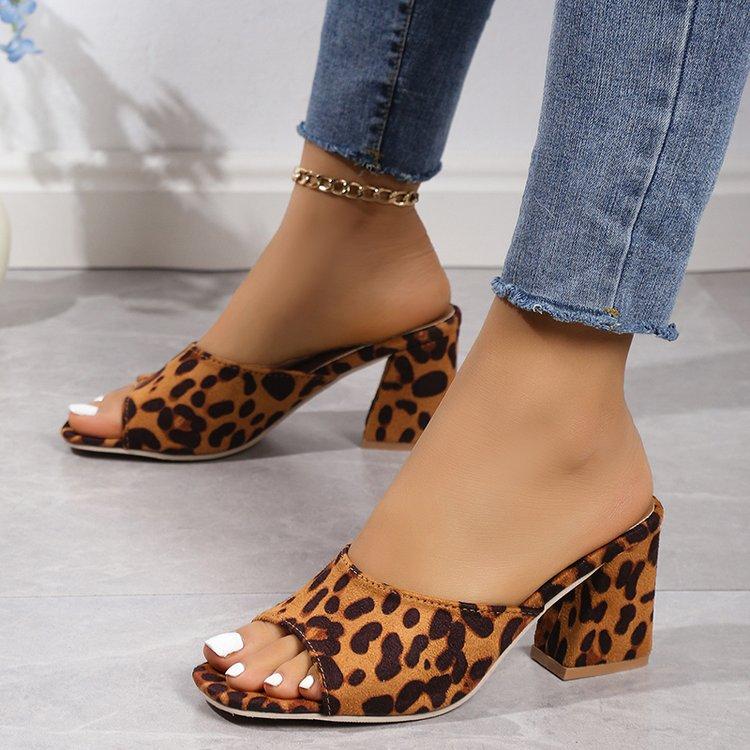 High Heel Slippers for Women Summer Fashion Square Toe Retro Leopard Print Designer Sandals Outdoor Open Toe Party Dress Pumps