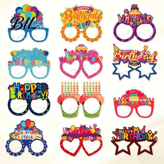 Funny Birthday Accessories for Group Photos 12PCS Party Paper Eyeglasses, Portable Vibrant Colorful Photo Booth Prop, Props Pictures Creative