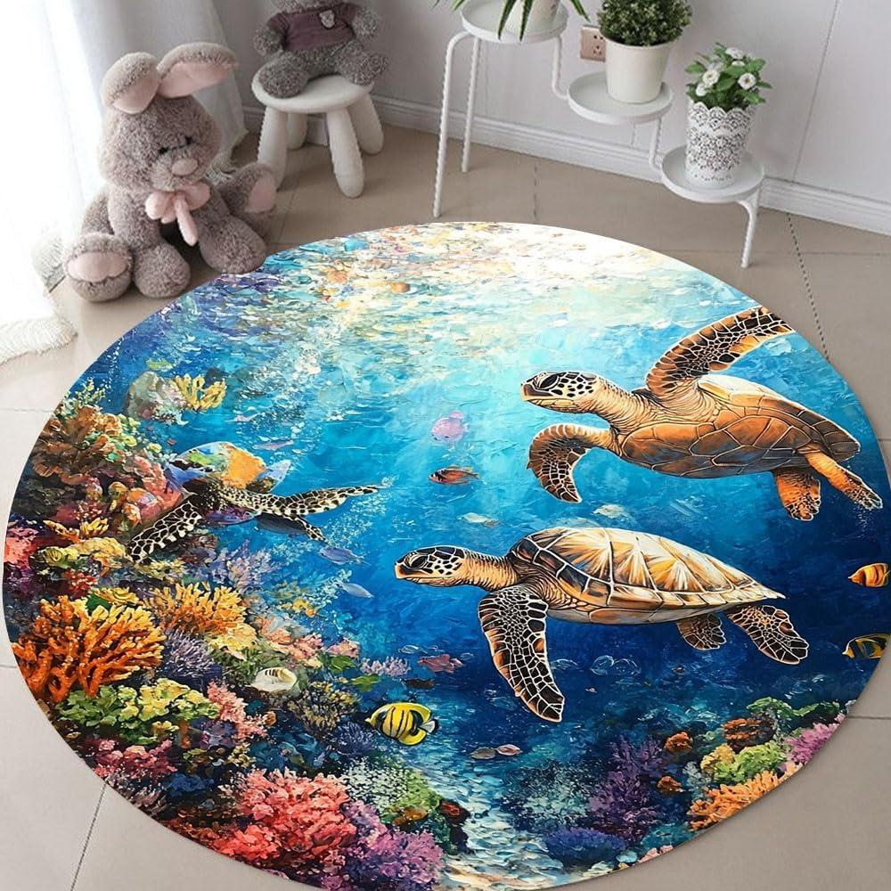 Круглый коврик «Подводный мир» с принтом морских черепах, кораллов и рыб, придверный коврик, нескользящий, впитывающий, ковер для детской комнаты, гостиной, домашний декор