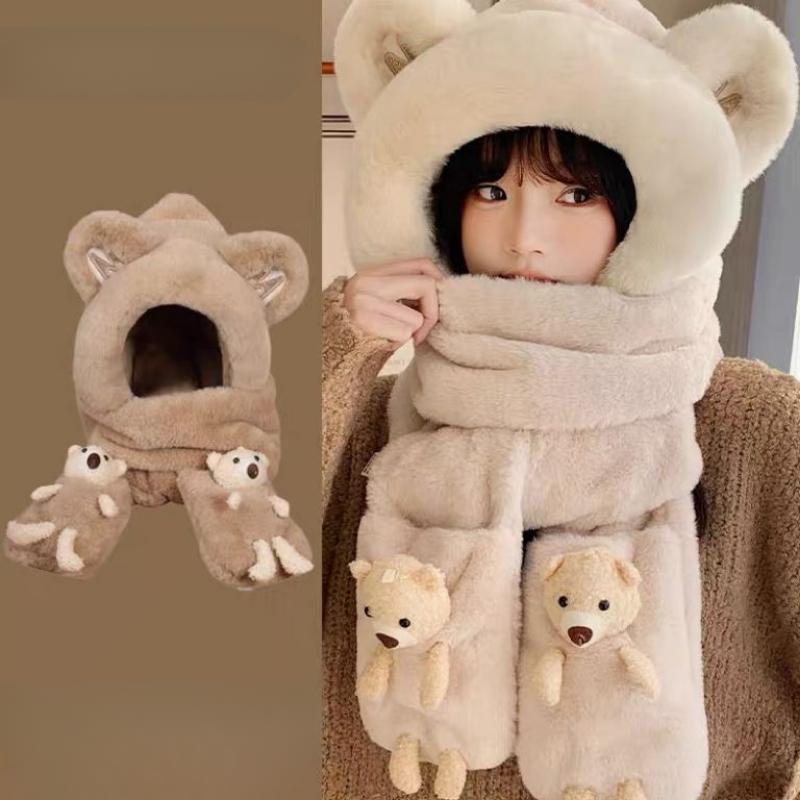 Шапка-медведь Зима Осень Зима Милые перчатки Шарф Плюшевый теплый комплект из трех предметов Нагрудник с капюшоном Защита ушей