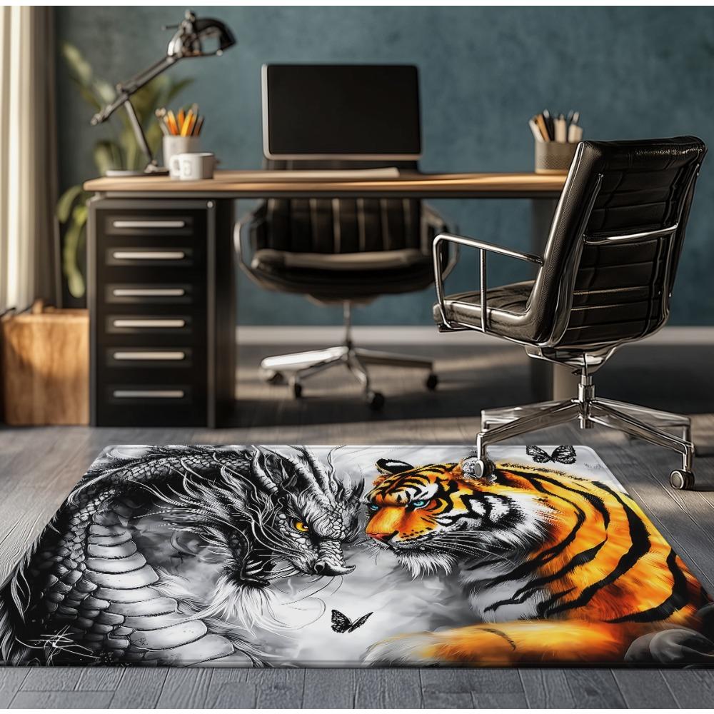 Dragon Tiger Battle Mythical Beast Crystal Velvet Rug Asian Feng Shui Living Room Floor Mat Powerful Symbolism Anti Slip Carpet
