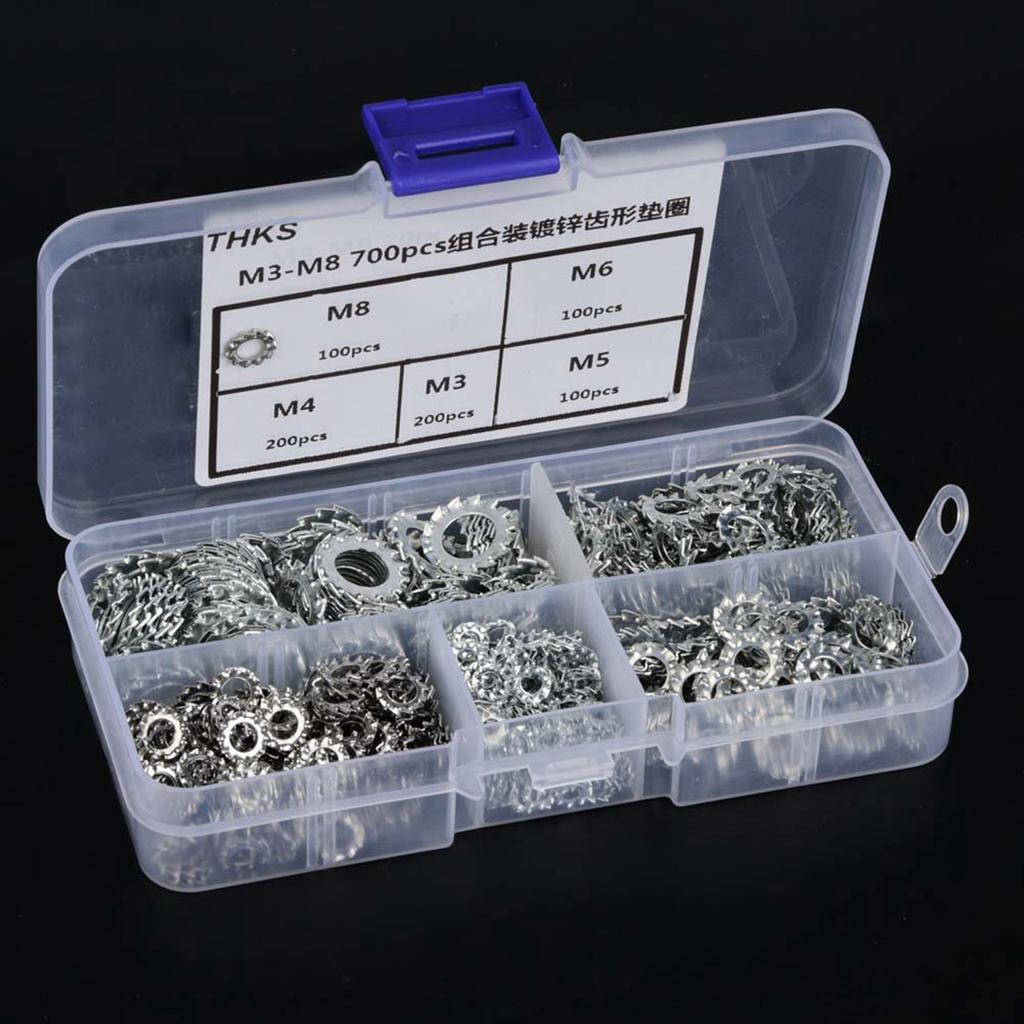 700pcs Galvanized Serrated Toothed Lock Washer Flat Set Fastening Tool M3M4M5M6M8