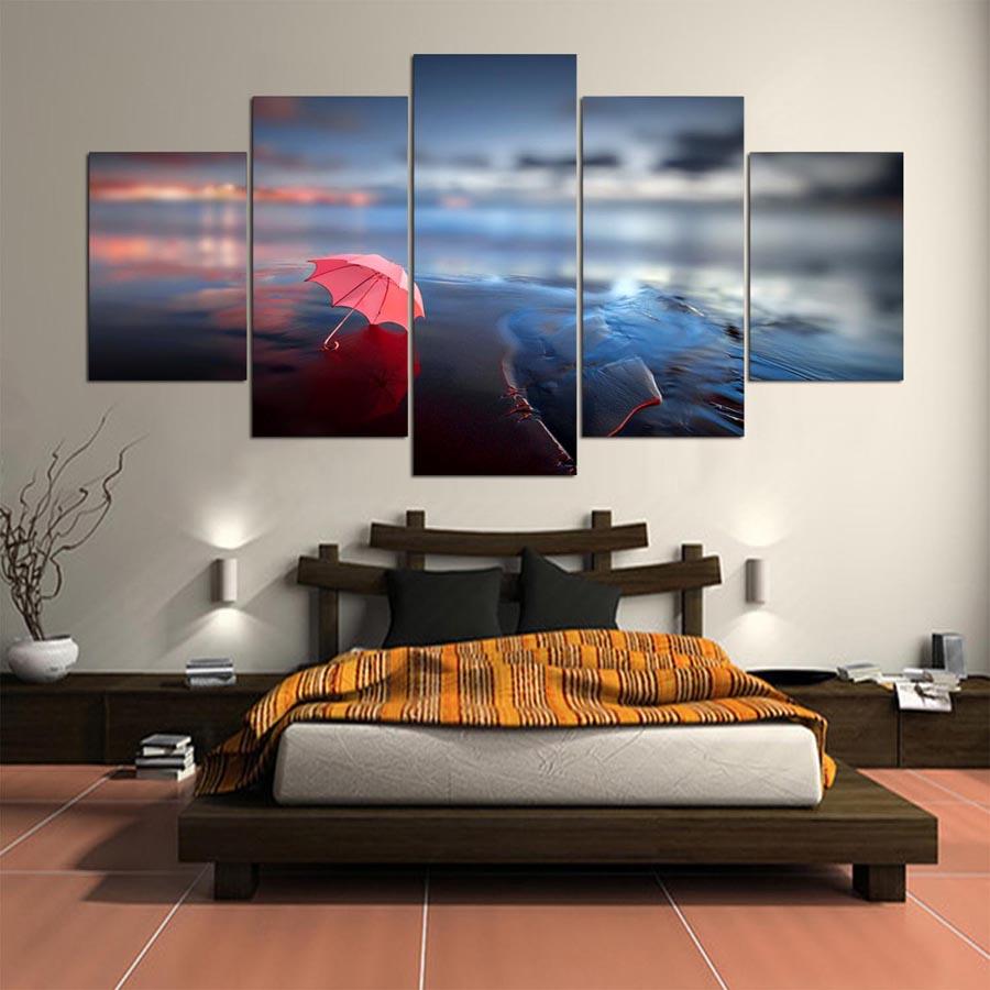 5 панелей печатная картина красный зонтик под дождем холст домашний декор настенная картина для декора гостиной без рамки