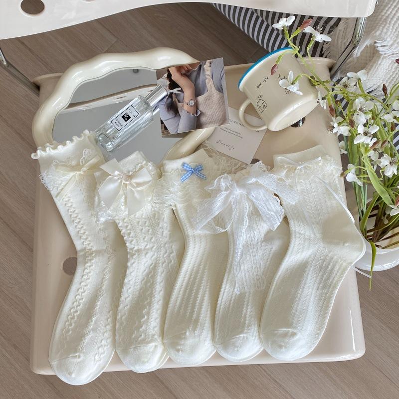 Женские весенне-летние носки с милым кружевным краем и бантом в рубчик