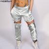Men Elastic Waist Adjustable Cutout Glitter Long Pants Cargo Trousers