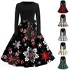 Women's Christmas Casual Fashion Round Neck Long Sleeve Printed Vintage Dresses