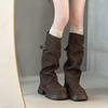 Women Boots Block Heel Fold Vintage Pleated Stack Western Boots Women'S  Round Toe Studded Knee-Free Knee Knight Boots