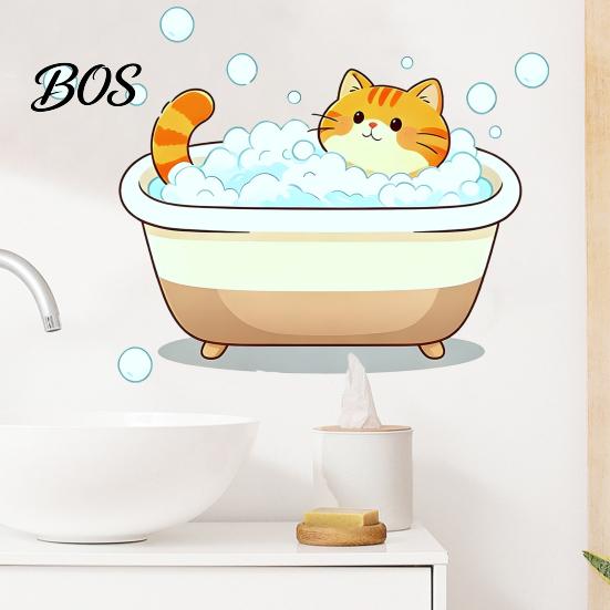 Humorous Wall Sticker Cartoon Cat Sticker, Funny Orange Bathing/Licking Decal, Kitchen Decoration Peel And Stick Self-Adhesive PVC Room Mural