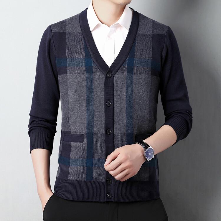 Мужской шерстяной кардиган с V-образным вырезом: Осенне-зимний вязаный свитер с длинным рукавом - Плотный, теплый, делового стиля для среднего возраста и папы.