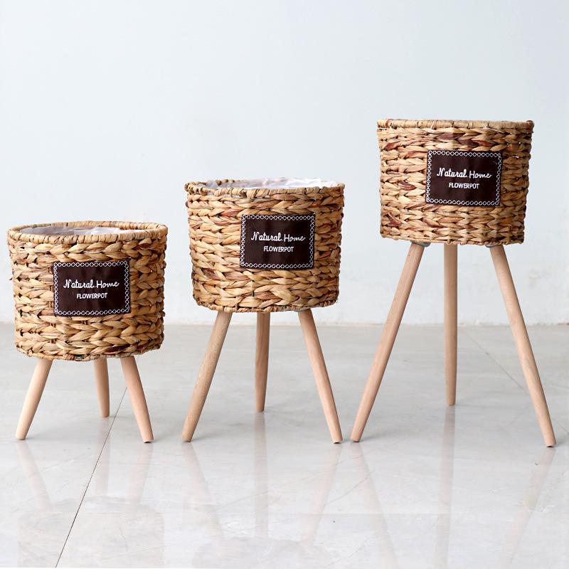Корзина для цветов из соломы и ротанга в скандинавском стиле с деревянной подставкой для украшения интерьера