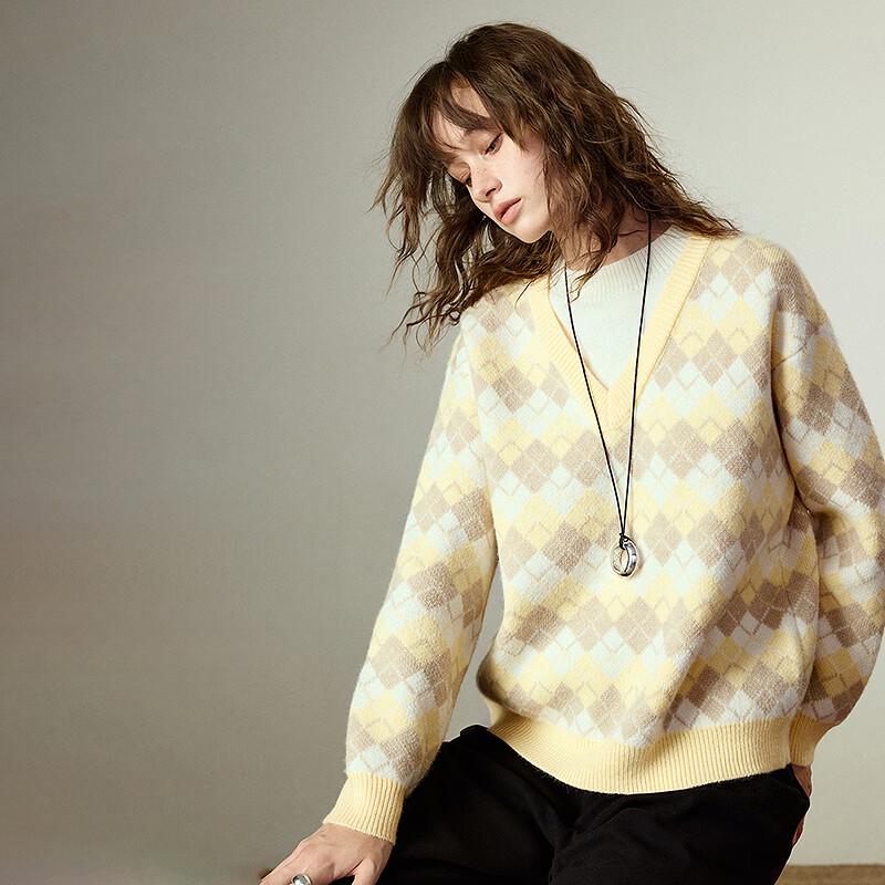 Chuyu Women's Diamond Jacquard Double Collar Knit Sweater