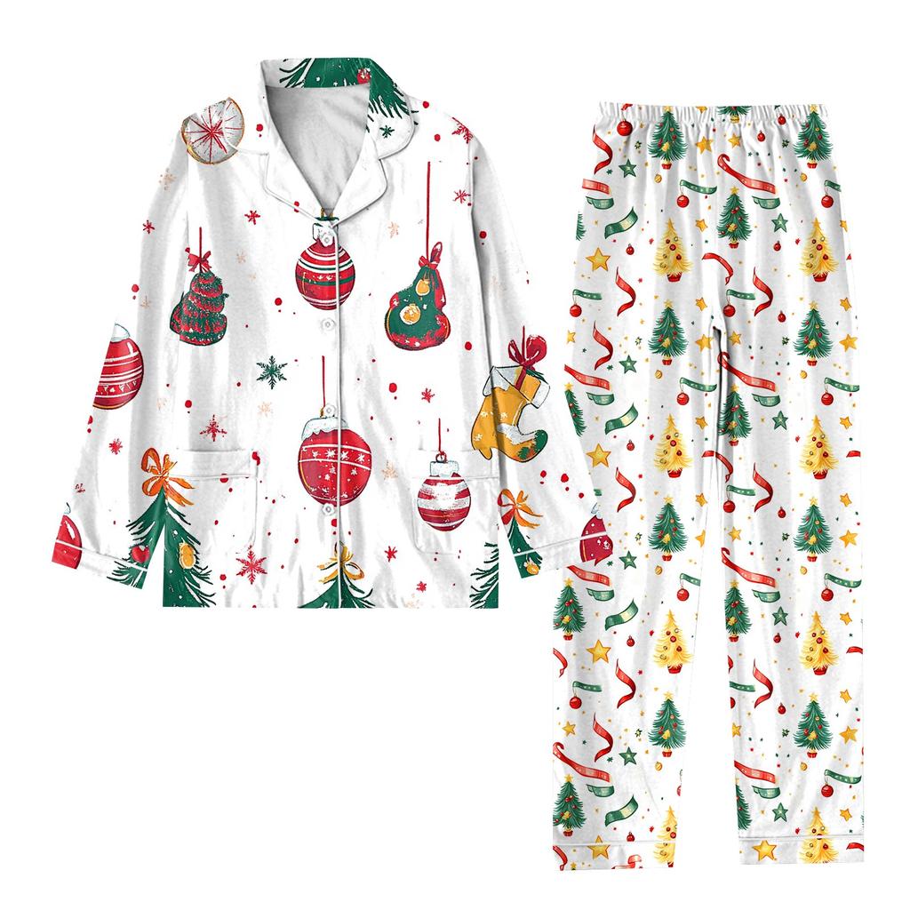 Child 2 Piece Christmas Day Printed Suit Long Sleeve Button Up Top Wide Leg Pants Suit Set Pajamas Home Casual Suit
