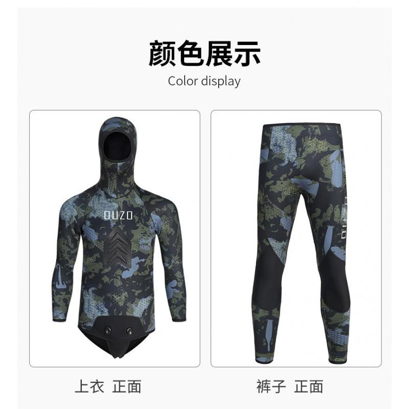 Mens 5mm Neoprene Wetsuit Set Hooded Camouflage Diving Suit Surfing Snorkeling Cold Water Swimming