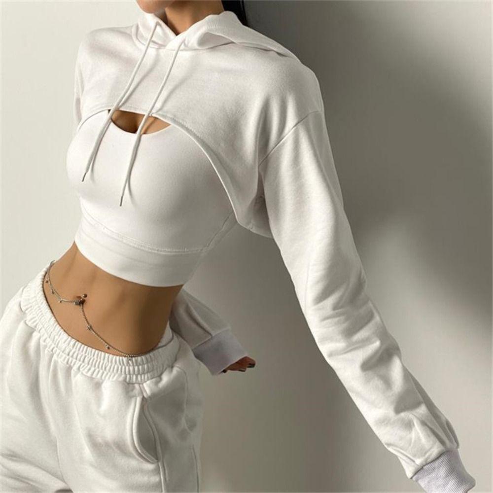 Ultra Short Long Sleeve Crop Top Patchwork Drawstring Shrug Pullover Fashion Female Hoodie Travel