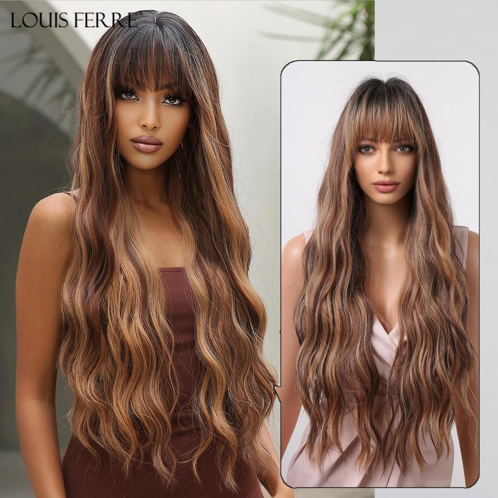LOUIS FERRE Длинные волнистые черные синтетические парики для женщин, натуральные накладные волосы с челкой, термостойкие парики для повседневного использования, косплей