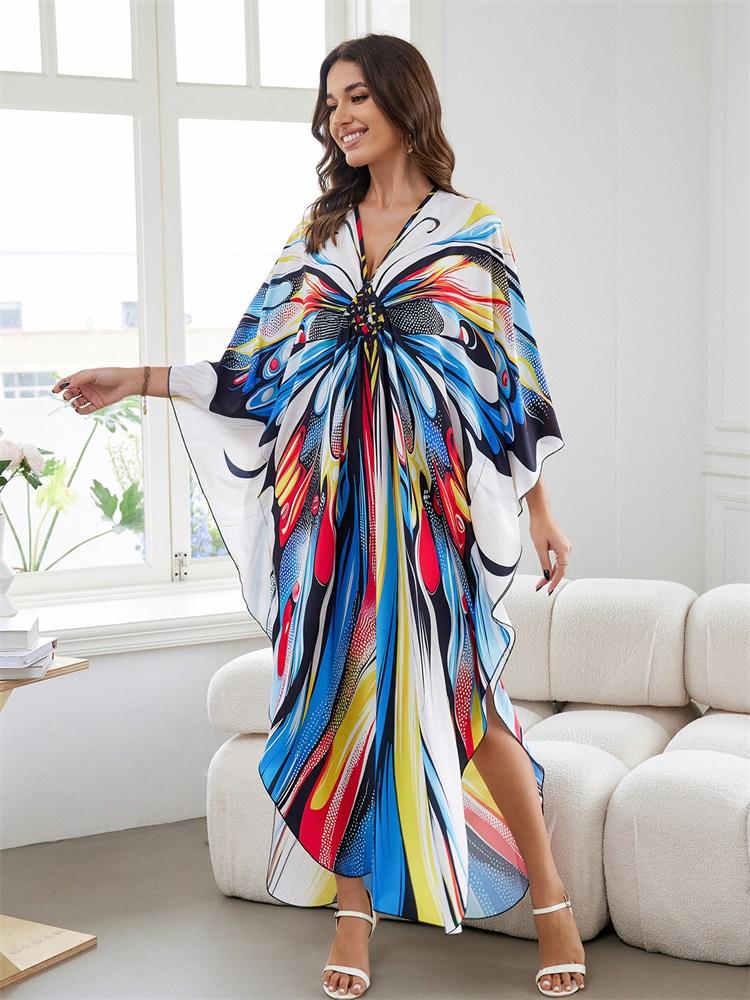 EDOLYNSA Boho красочный принт бабочки ручной вязки V-образным вырезом с рукавами «летучая мышь» плюс размер кафтан платье для женщин 2024 летняя пляжная одежда бикини накидки Q1588