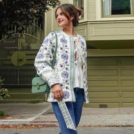 Женская стеганая куртка с цветочным принтом, пуховик с длинным рукавом, круглым вырезом, застегивающийся на пуговицы, верхняя одежда, пальто с поясом