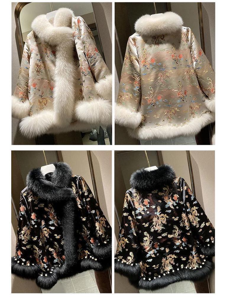 Зимнее пальто из искусственного меха в китайском стиле 2025 года: Женский атласный плащ Тан с бисером средней длины