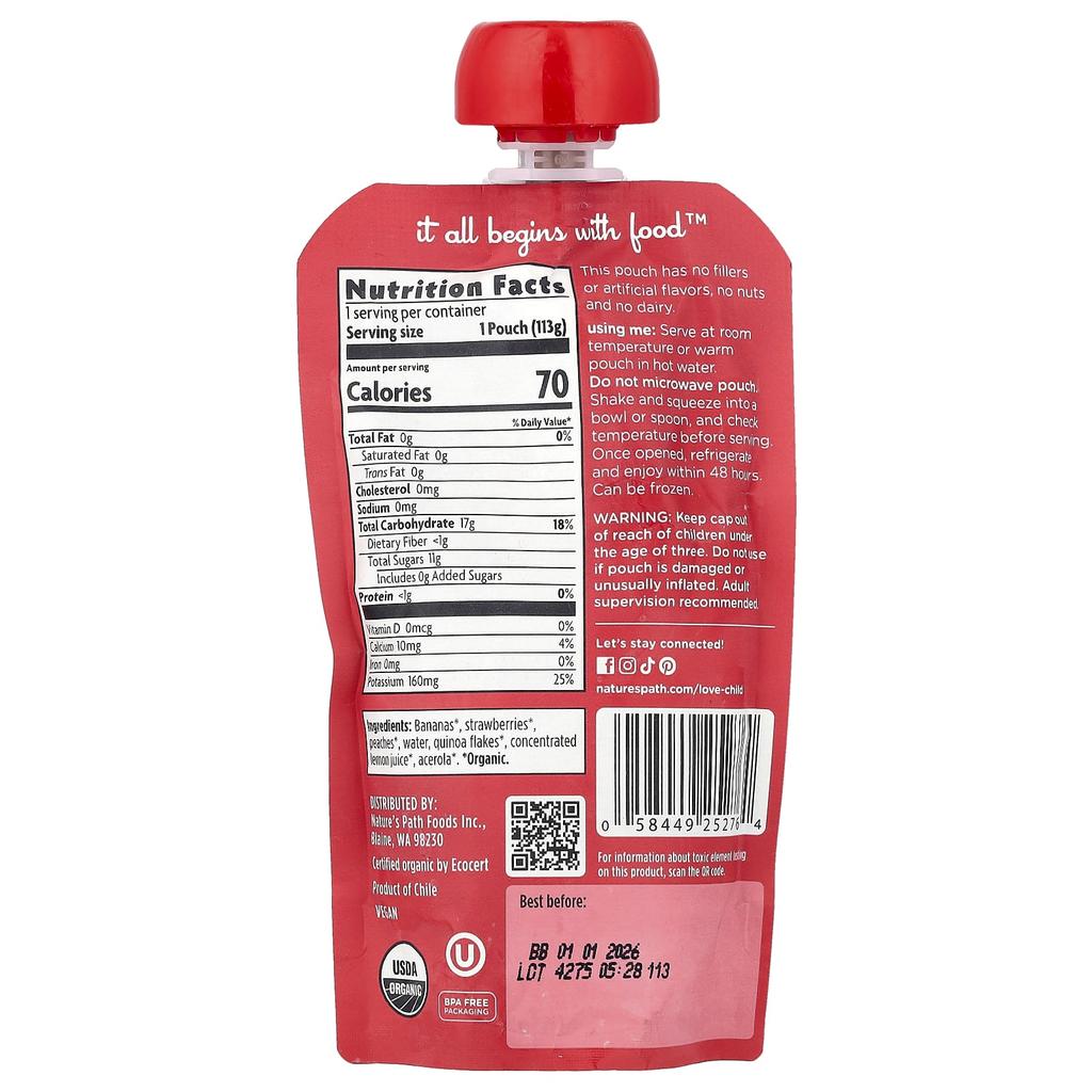 Love Child Organics, Nature's Path, Органическое детское пюре, 6+ месяцев, Банан, Клубника, Персик, 4 унции (113 г)