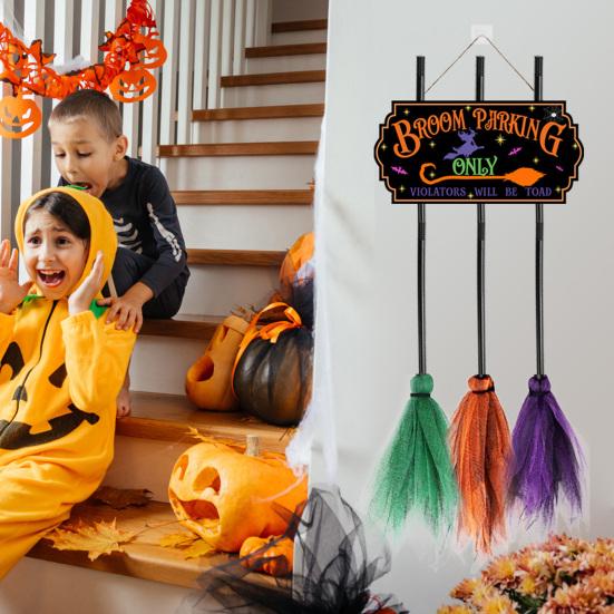 Halloween Broom Parking Sign with 3 Wooden Witch Brooms Solid Wood Hanging