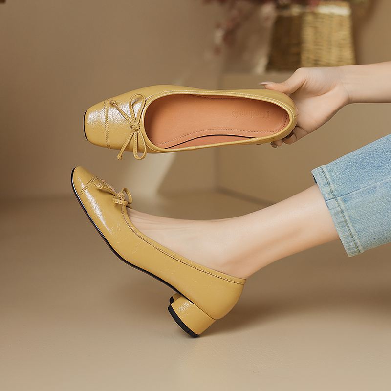 Krazing Pot Sheep Skin Summer Spring Autumn Med Heels Slip On Women Butterfly-knot European Design Square Toe Shallow Pumps