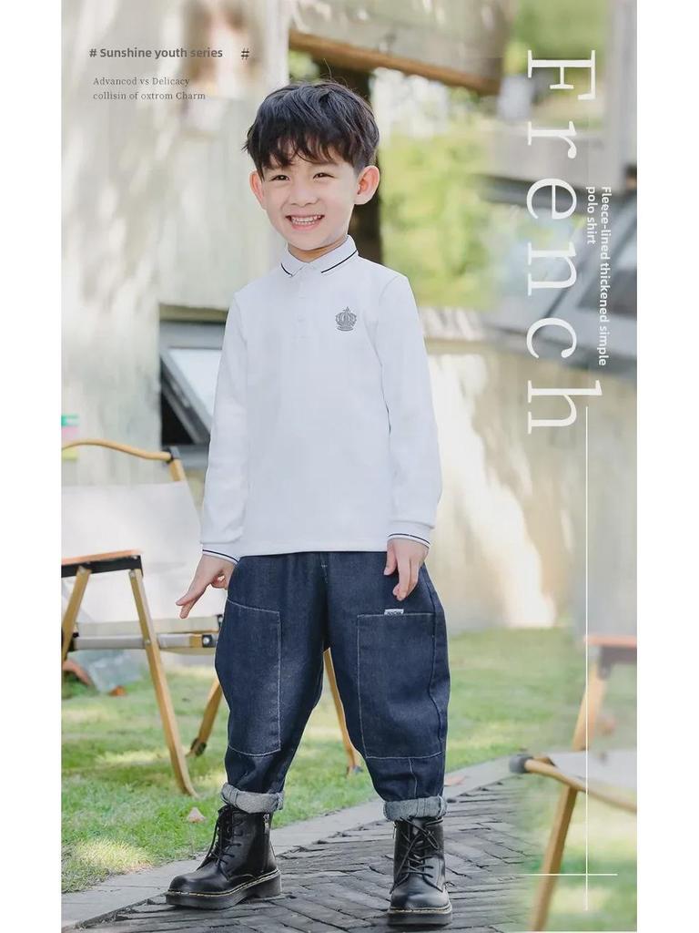 Boys' Long-Sleeve Velvet Polo Shirt - White School Uniform for Older Children In Winter