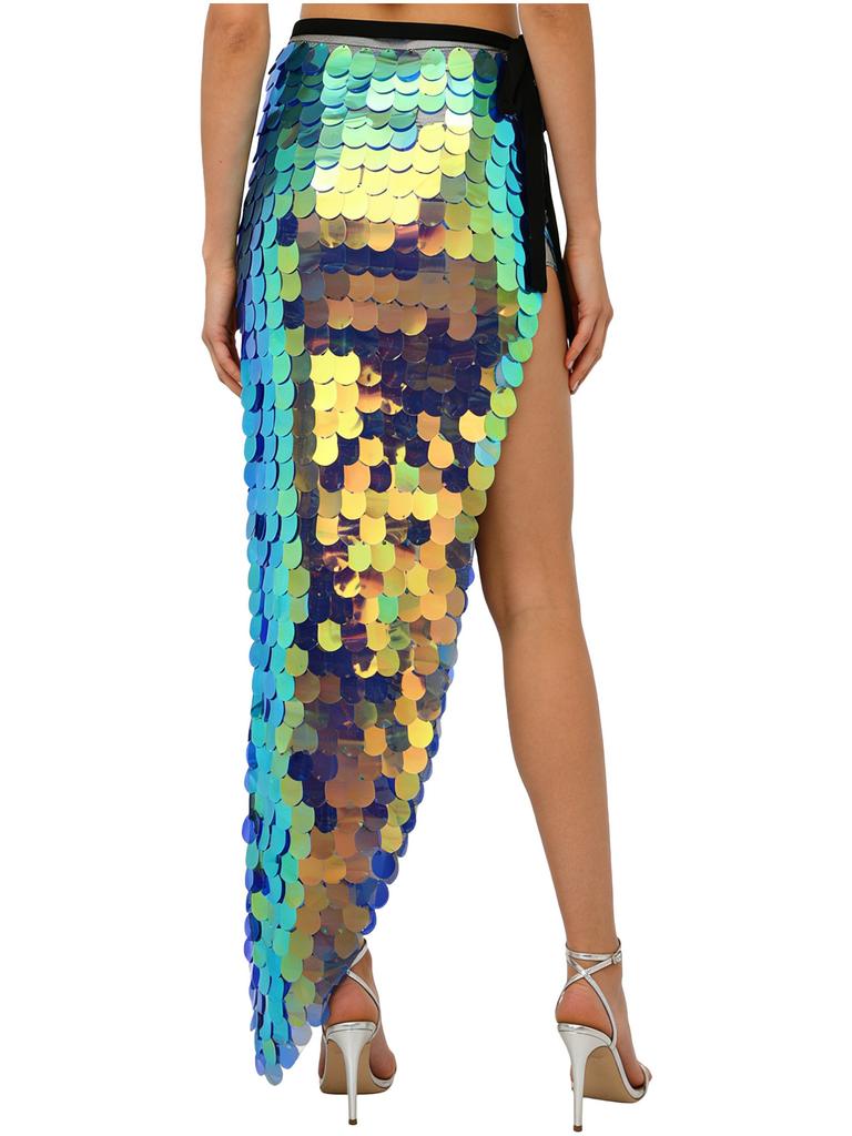 Womens Sparkly Sequin Hip Skirt Belly Dance Costume Lace Up Mermaid Scarf Wrap Halloween Festival Wear