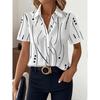 Women's Summer Striped Polka Dot Print Short Sleeve Button-Up Shirt - Elegant Lapel Collar, White Base with Blue and Black Patterns Shirt