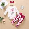 Newborn Infant Baby Heart Print Romper Bodysuit+Bowknot Pants+Headband Suit Set