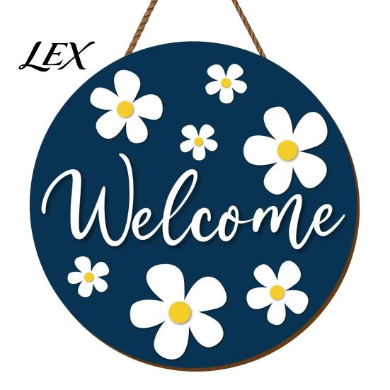 Hanging Sign with Hemp Rope Wooden Daisy Welcome for Front Door, Rustic Farmhouse Wall Decor Handmade House Rope, Wood Plaque Home Entrance