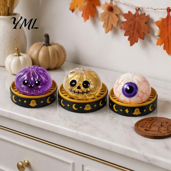 Anxiety Relief Tools Halloween Dumpling Stress Toy, Cartoon Steamed Bun Squeeze Toy Hand Exercise with Steamer, Sensory Ball Fidget Party Favors