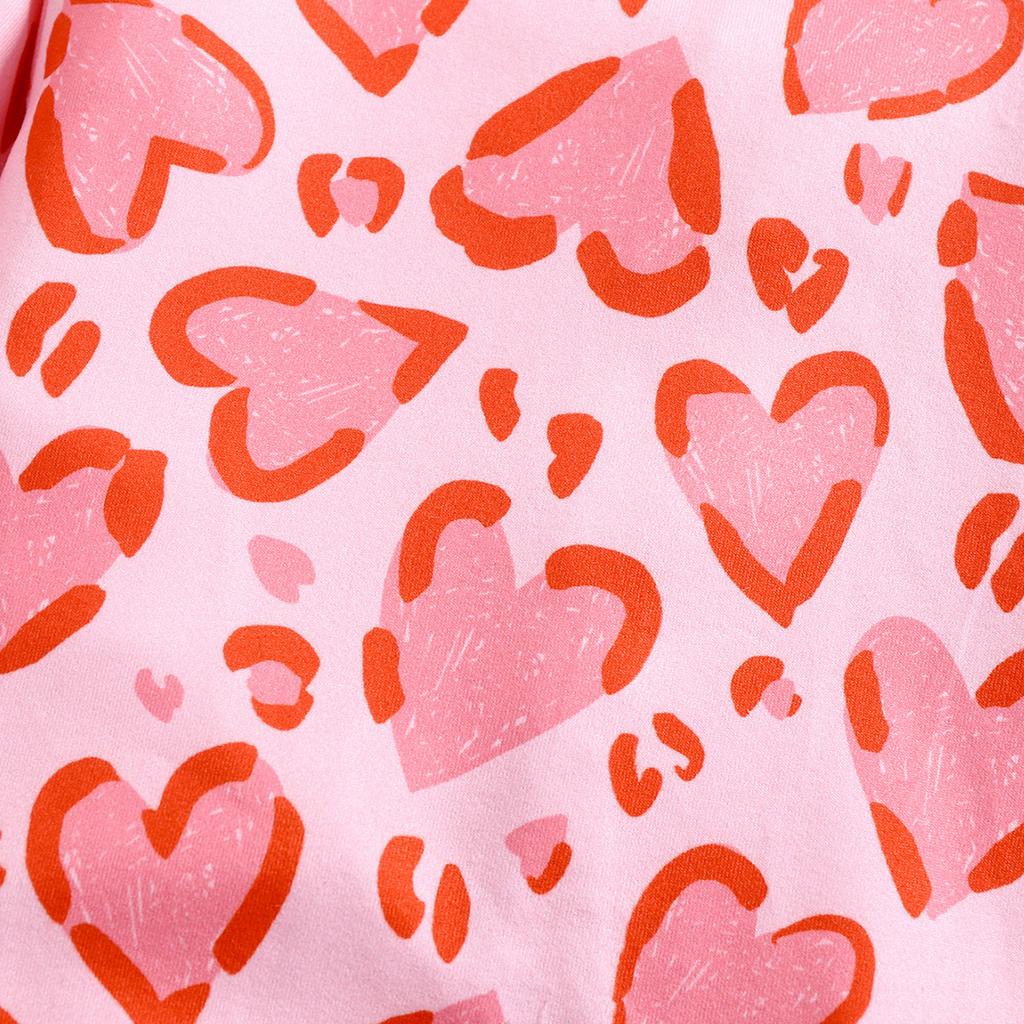 1-9 Months Baby Girl Pink Heart Shape Leopard Full Print Romper Casual Long Sleeve Jumpsuit