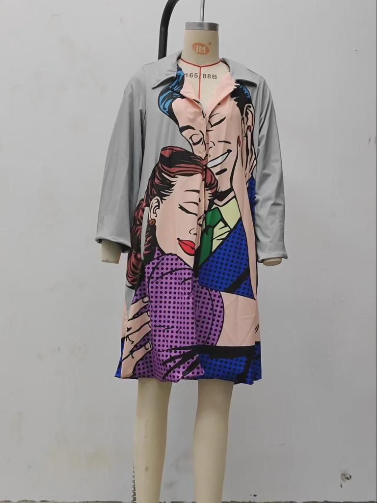 Новое женское шерстяное пальто с лацканами и принтом 2025 года — европейская и американская осенняя мода с длинными рукавами