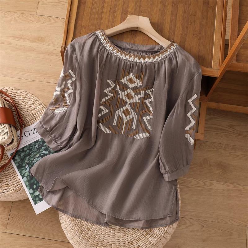 Рубашка из хлопка и льна с вышивкой Heavy Industry, рукава пять точек, для женщин, новый летний свободный тонкий свитер с круглым вырезом, топ из хлопка и льна